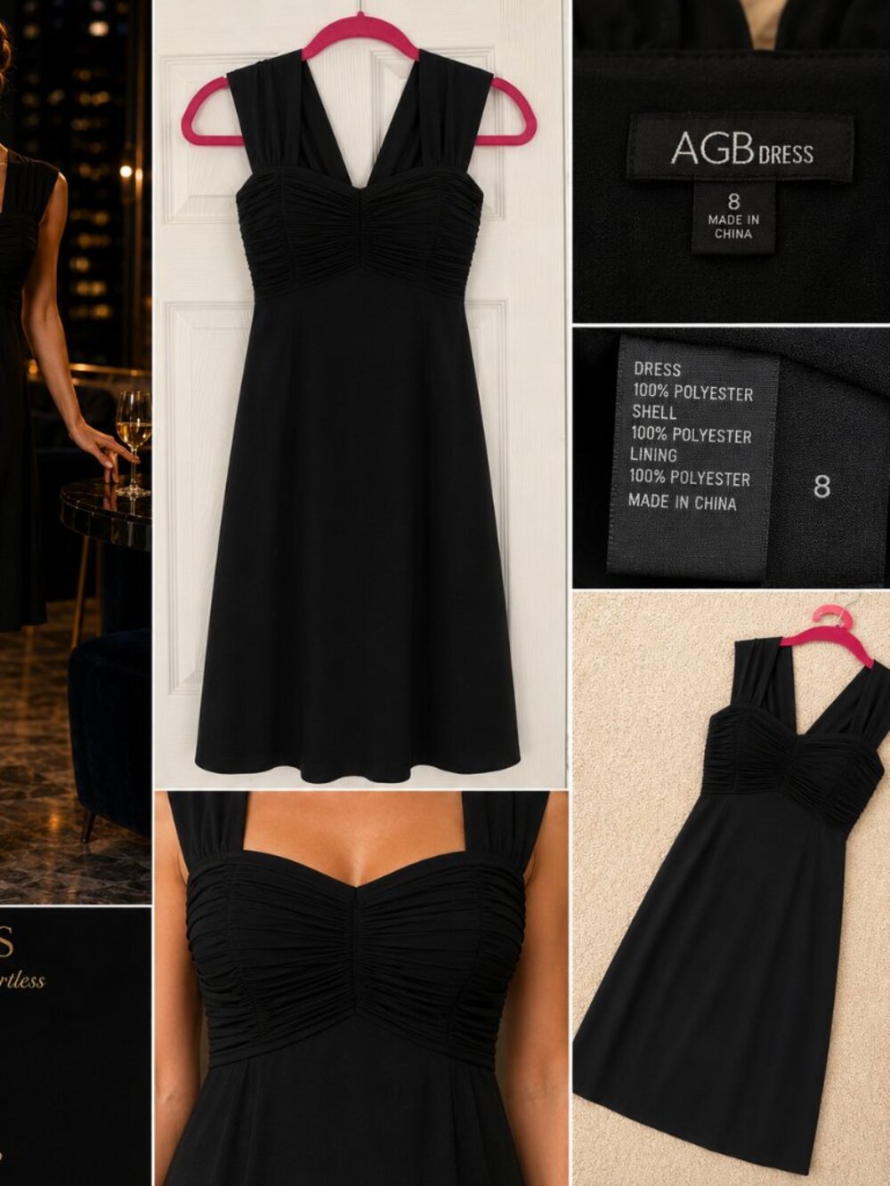 AGB Dress Black Ruched Sweetheart A-Line Cocktail Dress Size 8